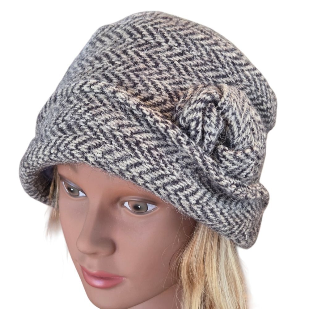 Balbo Wool Tweed Flapper Hat Downton Abbey Made In Ireland Rosette Herringbone